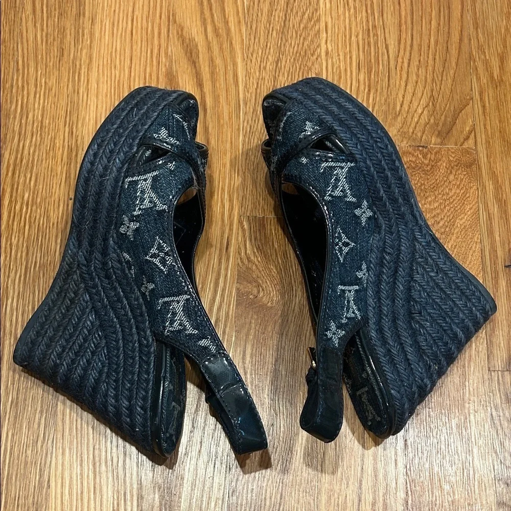Vintage Louis Vuitton blue denim Wedge Sandals espadrille shoe 37